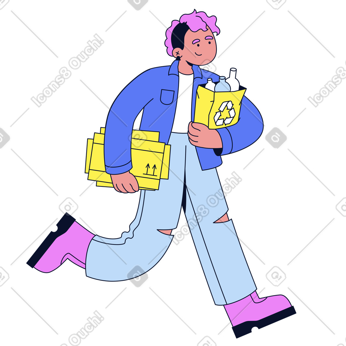 Carrying cardboard and bottles, Recycling and sustainability action illustration in Flexy style download in PNG, SVG