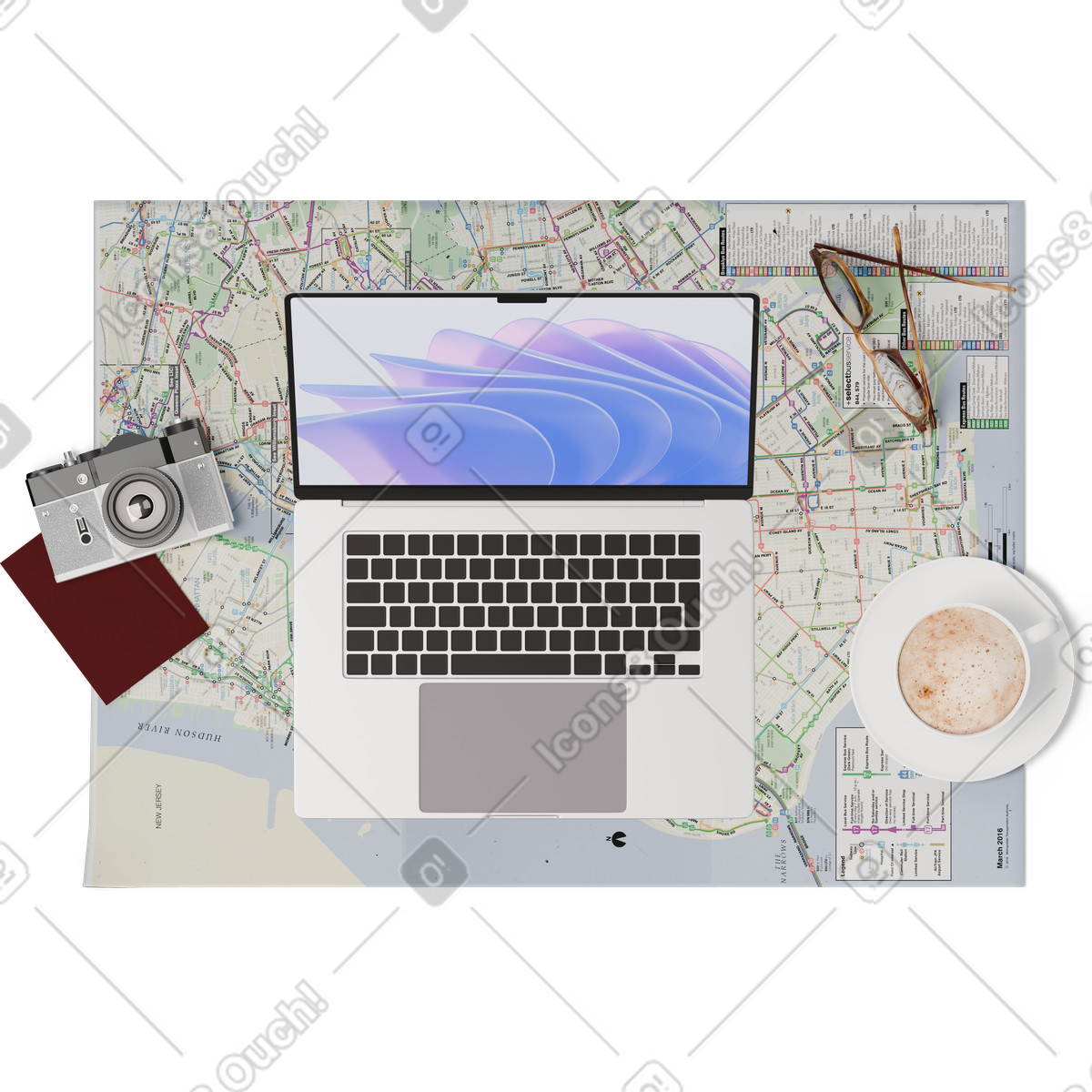 Иллюстрация Top view of map, laptop, passport, camera, cup coffee в стиле 3D Hygge — скачать в форматах PNG, SVG