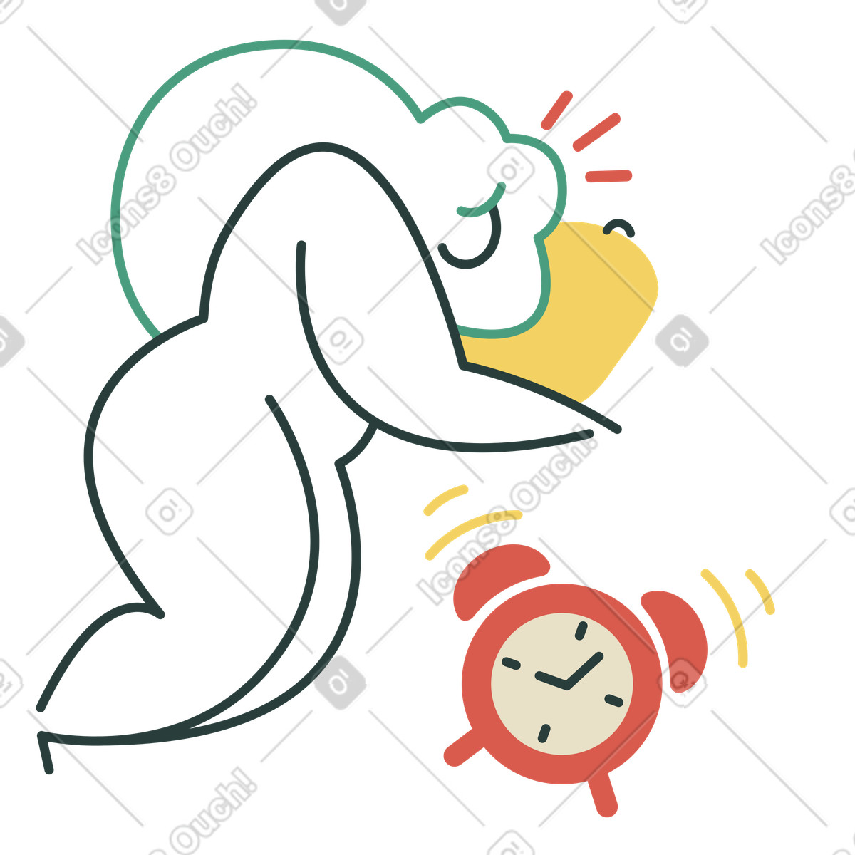 下载 Macaroni 风格的 女人被闹钟铃声吵醒 插画，支持 PNG、SVG 格式