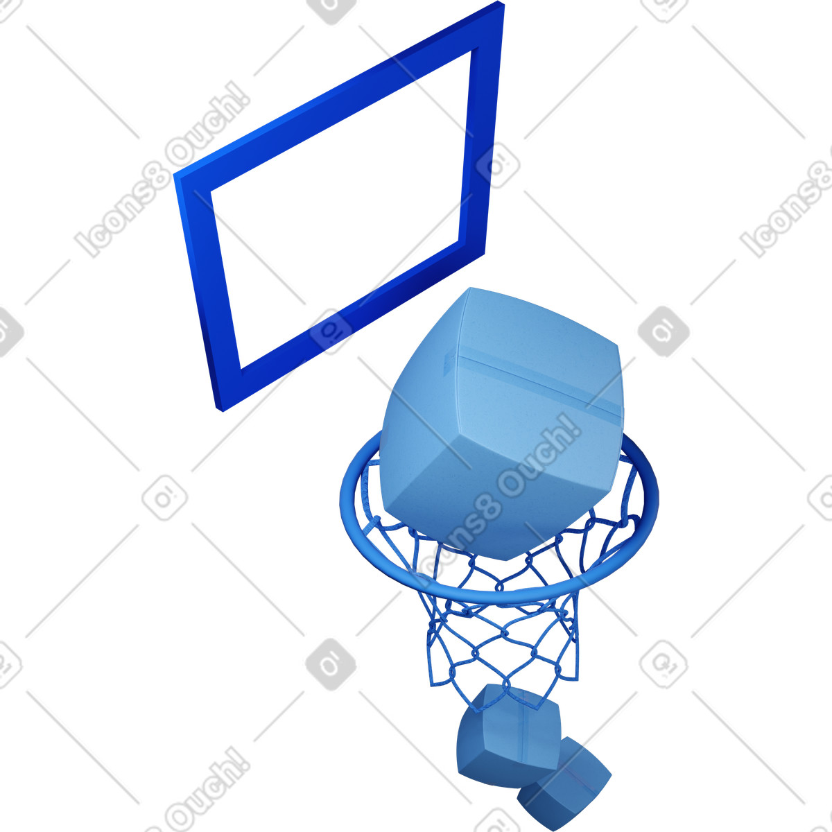 Le scatole di consegna che cadevano attraverso il canestro da basket girarono a destra illustrazione in stile 3D Buddy scarica in PNG, SVG