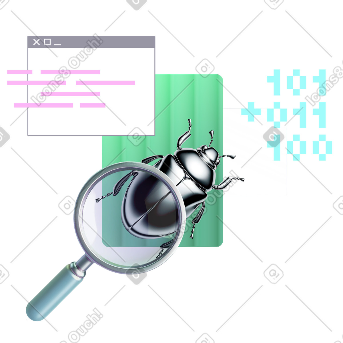 Detecting bugs in source code, QA testing illustration in PNG, SVG