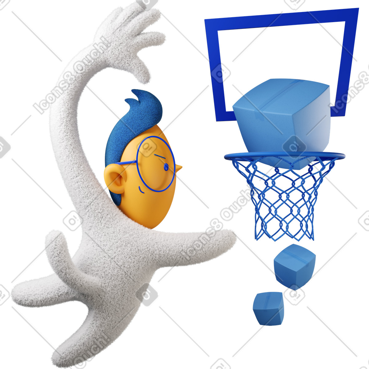 Boy putting boxes in basketball hoop eagerly illustration 3D Buddy style download PNG, SVG