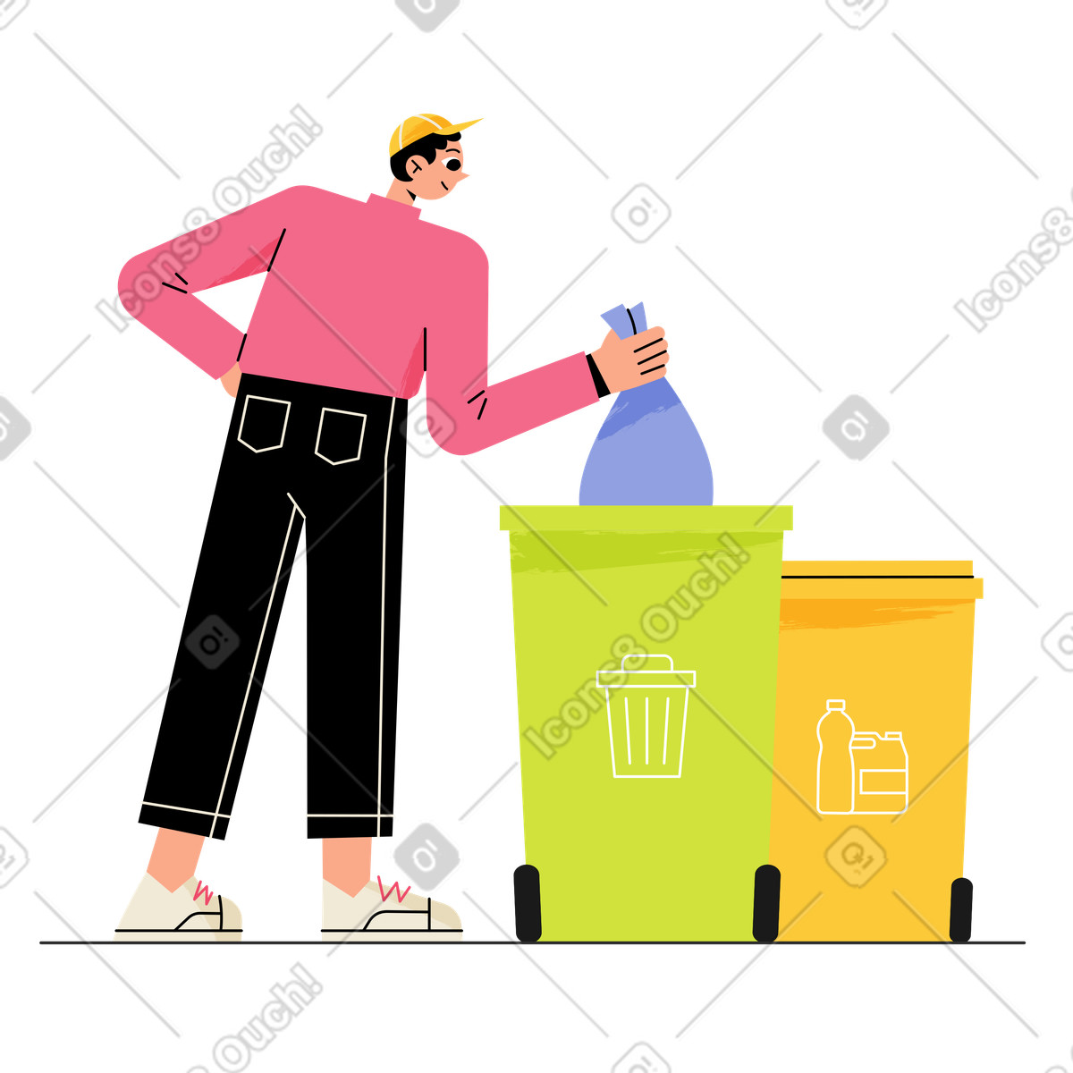 Man putting trash into recycling container illustration in Juicy style download in PNG, SVG
