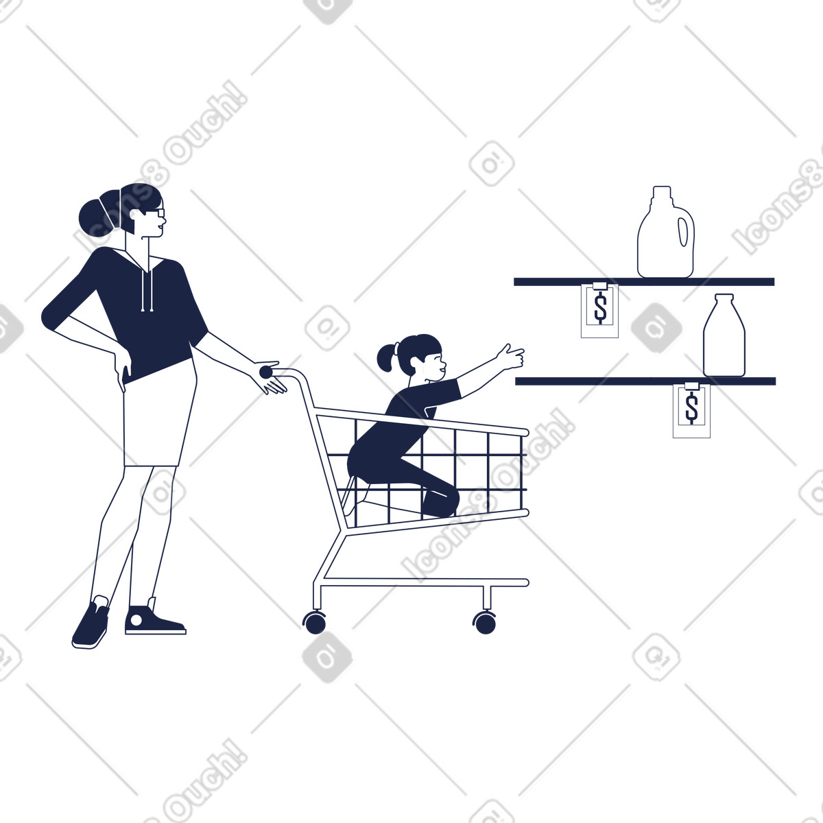 Parent and young helper choosing groceries, family shopping illustration in Urban Line style download in PNG, SVG