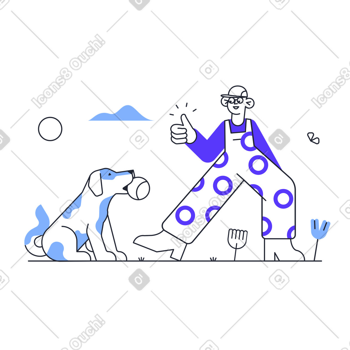 Dog bringing ball to happy owner, Successful pet training illustration in Pablita style download in PNG, SVG