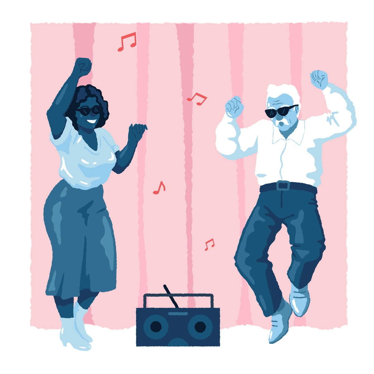 Elderly couple having a party with tape recorder illustration clipart images collection