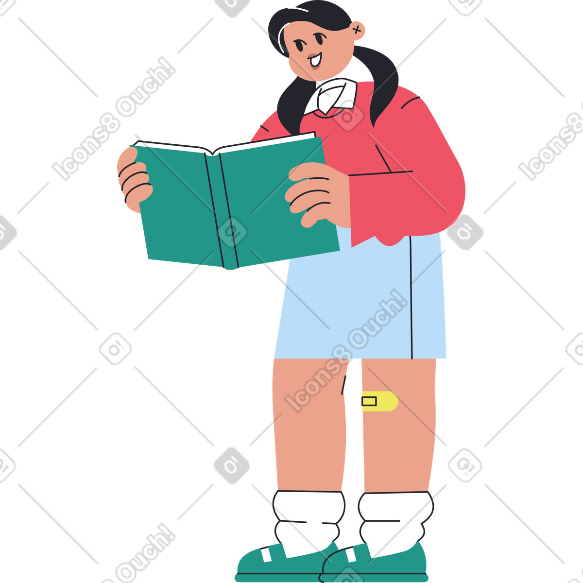 Illustration Fille debout et lisant un livre dans le style Boba à télécharger aux formats PNG, SVG