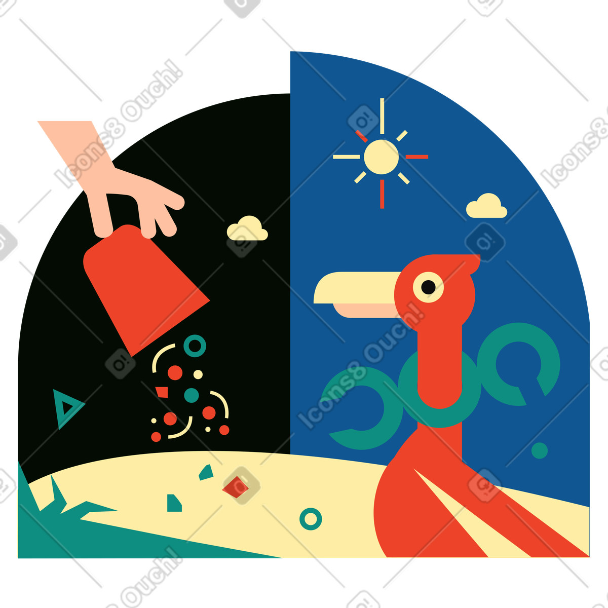Polar 스타일의 Bird trapped in plastic waste, Environmental pollution awareness 일러스트레이션 PNG, SVG 다운로드