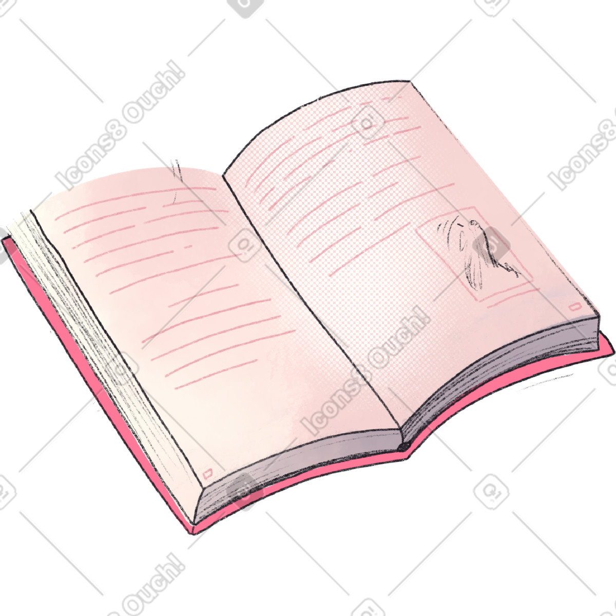 Open book with a pink cover illustration in Moments style download in PNG, SVG