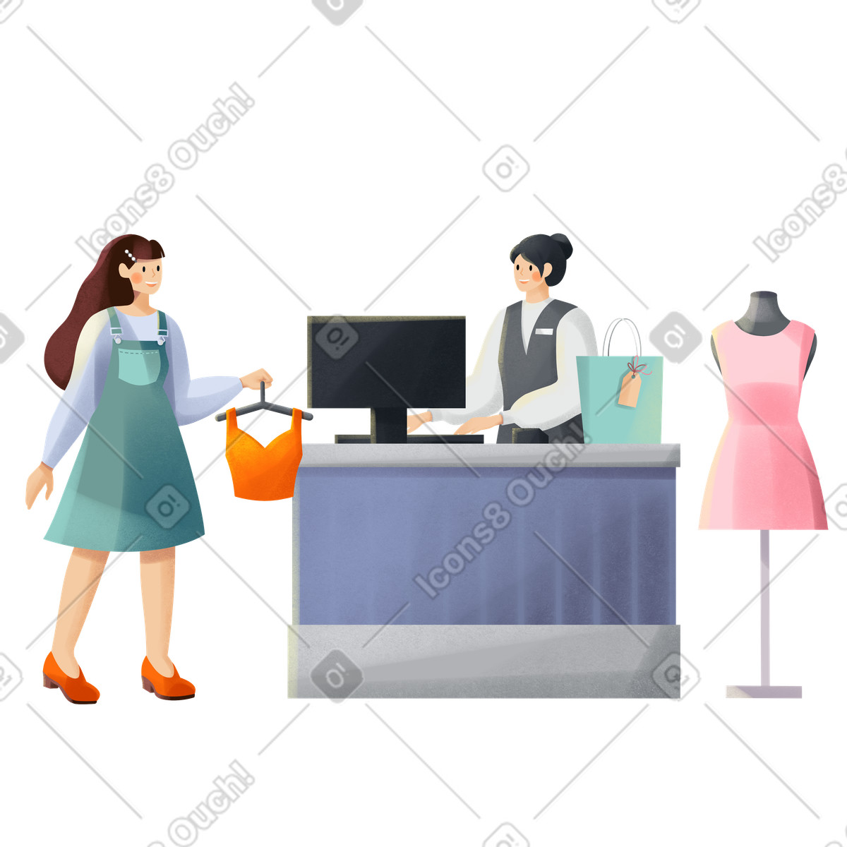 Young woman buying clothes in apparel store with cashier illustration Shine style download PNG, SVG