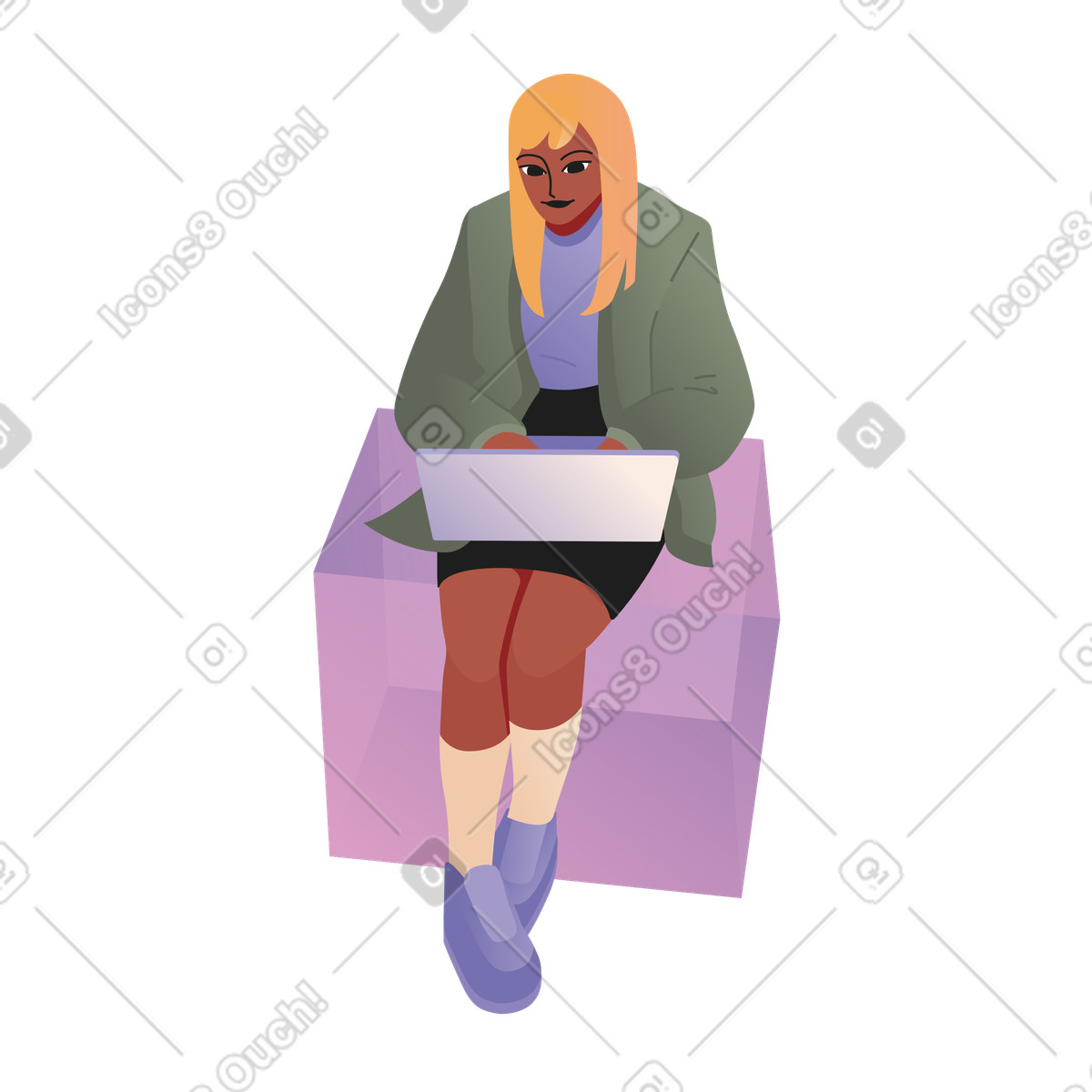 Young woman with blonde hair sitting laptop illustration in Coworking style download in PNG, SVG