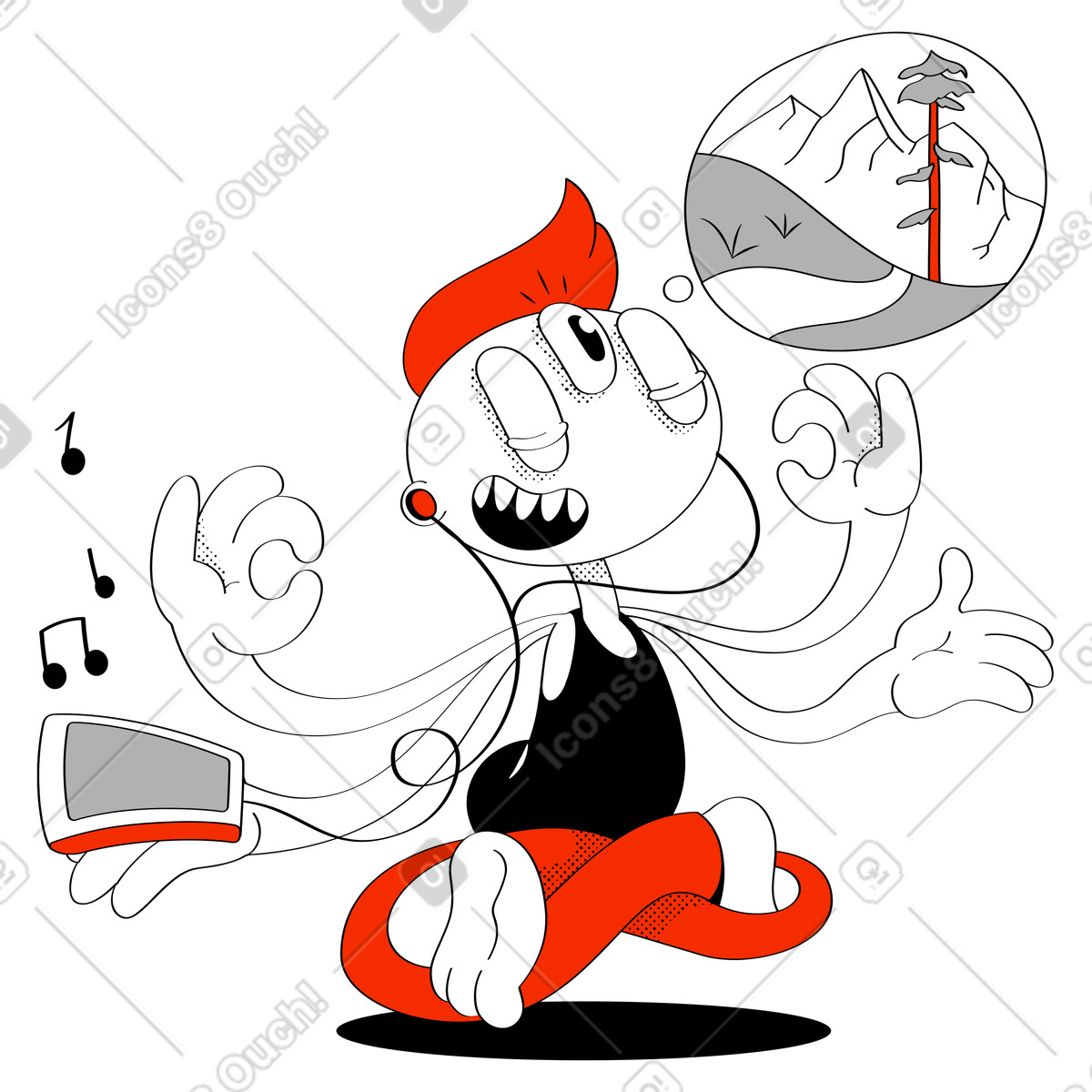 Mann hört musik und meditiert-Illustration im Looney-Stil als Download in PNG, SVG