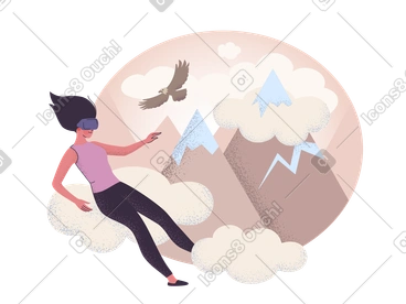 Woman in vr headset floating high in the mountains PNG, SVG