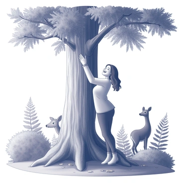 A person with an expression of joy is embracing the trunk of a large tree. The tree has a thick, rough bark and a wide canopy of leaves extending above. The setting is a forest filled with various plant life, including tall ferns and smaller bushes in the foreground. Nearby, wildlife can be seen, such as a curious deer peeking from behind a tree and a few small birds perched on branches. Sunlight filters through the leaves, creating a dappled light effect on the forest floor.