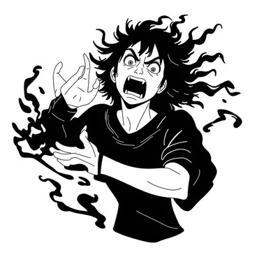 A character with wild, bright eyes is depicted in a dramatic pose, their face twisted in an expression of fear and struggle. Dark shadows swirl around the character, creating an intense atmosphere. Wisps of shadowy tendrils seem to wrap around their arms, emphasizing the grip of the dark force. The character's hair is disheveled, blowing as if in a fierce wind, adding to the chaotic scene. Their clothing appears tattered, as if caught in a battle against an unseen foe.