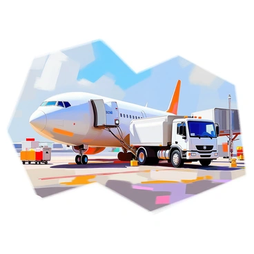 A small airport fuel truck, painted in bright colors, is positioned next to a large commercial airplane on the tarmac. The airplane, with its sleek fuselage and distinctive airline markings, has its fuel hatch open. The fuel truck has a visible hose connected to the airplane, and a fuel gauge can be seen on the side of the truck. Surrounding the scene are various airport elements, such as runway signs, baggage carts, and a clear blue sky above, creating the atmosphere of an active airport setting.