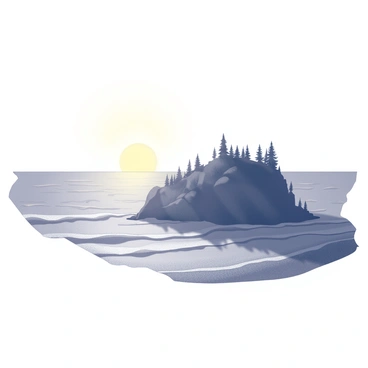 A sunrise emerging over the ocean, creating a contrast between the bright light and the darker tones of the water. The sun rises at the horizon, casting long shadows on the surface of the ocean. In the foreground, an island silhouette is visible, with its jagged outline defined against the brightening sky. The island features a mix of rocky cliffs and a dense tree line, adding texture to the silhouette. The waves gently lap at the shoreline, capturing the early morning light.