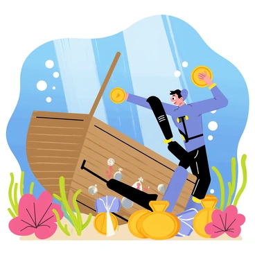 A diver in a blue wetsuit exploring a sunken shipwreck with vibrant coral reefs surrounding it. The diver is holding a shiny gold coin in one hand and has discovered several money bags scattered among the debris of the shipwreck. The ship's wooden hull is partially broken, revealing various artifacts and treasures. Sunlight filters through the water, casting beams of light onto the scene, highlighting the treasure and the diver’s determined expression. Bubbles rise around the diver, adding to the underwater atmosphere.