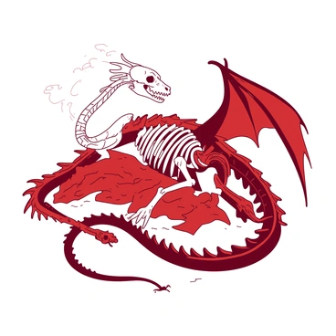 A white snake skeleton is intricately intertwined with a red dragon skeleton, creating a captivating composition. The snake's elongated vertebrae and the dragon's robust bones create a dramatic contrast. The skeletal figures are positioned on a rocky surface, surrounded by wisps of mist that enhance the mythical atmosphere. The dragon's wings are partially spread, showcasing the detailed structure of its ribcage. The snake's skull is delicately placed near the dragon's head, emphasizing the connection between the two creatures.