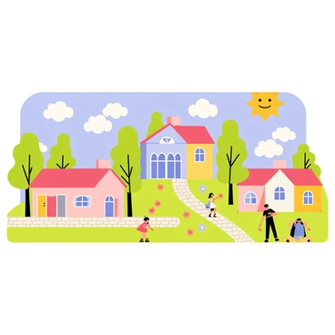 A nursery mural depicting a quaint village scene. The mural features small, colorful houses with pitched roofs, some painted in pastel shades of pink, blue, and yellow. Cobblestone paths wind through the village, dotted with patches of green grass and blooming flowers. Trees with round, fluffy treetops are scattered throughout the village, providing a cheerful atmosphere. A bright blue sky is filled with fluffy white clouds, and a sun with a smiling face shines down on the village, adding warmth to the scene. Children can be seen playing near the houses, enjoying the idyllic setting.