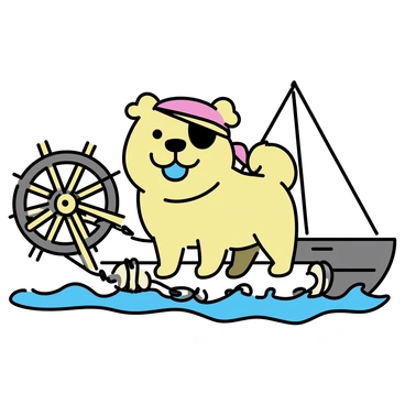 A chow chow, with its fluffy fur and distinctive blue-black tongue, is wearing a red bandana tied around its head. It has a black eye patch over its right eye, adding to its pirate appearance. The dog stands confidently on a wooden ship's deck, surrounded by ropes and a weathered ship's wheel. The scene is set against a backdrop of the ocean with gentle waves lapping at the sides of the ship. The chow chow looks fierce and playful, embodying the spirit of a pirate.