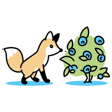 A curious fox with a bushy tail and bright orange fur is leaning close to a bush. The bush is full of ripe blueberries, their deep blue color contrasting with the green leaves surrounding them. The fox has its nose pointed towards the berries, showing its interest. Sunlight filters through the leaves, casting gentle shadows on the ground around the scene.