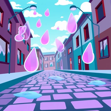 A series of large, vibrant purple raindrops falling from a bright, cloud-dotted sky onto a textured cobblestone street. The cobblestones are wet and glisten with reflections of the purple drops as they make contact. Small puddles begin to form, creating ripples on the surface. The background features quaint buildings with colorful façades, and a few whimsical street lamps lining the edges of the street, illuminating the scene with a soft glow.