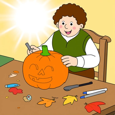 A cheerful hobbit with curly brown hair and large, expressive eyes is seated at a wooden table. He is wearing a cozy green vest over a white shirt and brown trousers. The hobbit is happily carving a bright orange pumpkin, which has a joyful face etched on its surface. Scattered across the table are various carving tools, including a small knife, a spoon, and a few markers. Autumn leaves in shades of red, yellow, and orange are scattered around the table, adding to the festive atmosphere. In the background, a warm glow of sunlight filters through, creating a cheerful and inviting scene.