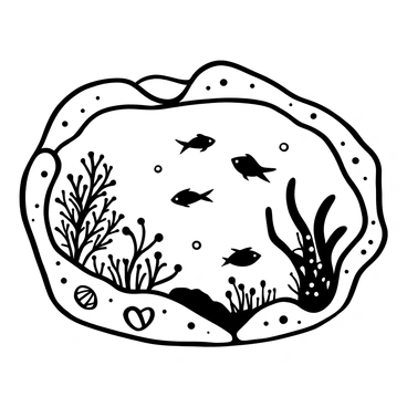 A tide pool with various small fish swimming among intricate sea plants. The pool has smooth, textured rocks surrounding its edges. Different species of small fish are visible darting around, while delicate sea plants with various shapes and patterns sway gently in the water. Some plants have long, flowing tendrils, while others are bushy and compact. The water is clear, showing the vibrant life beneath the surface. Small sea shells are scattered around the bottom of the pool.