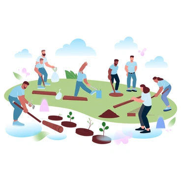 A group of volunteers is actively engaged in cleaning a local park. One volunteer is picking up litter with a grabber tool, while another is placing bags of trash on the ground. Nearby, several volunteers are digging holes to plant young trees, surrounded by small pots of saplings. A few others are assembling wooden benches, laying out the parts on a flat surface. The park features a grassy area with patches of flowers, and a clear blue sky is visible above.