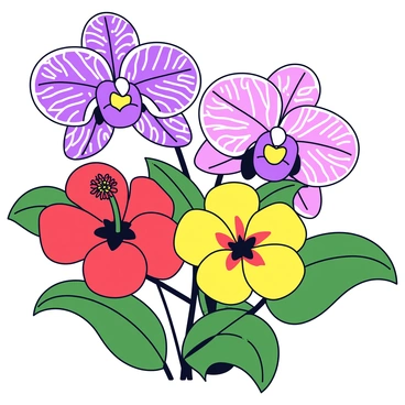 A close-up of exotic flowers like orchids and hibiscus in bright, vivid colors.