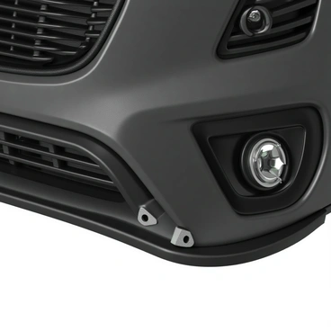 A close-up view of a car bumper with a focus on the bolts and fasteners securing it. The bumper is made of a durable plastic material, showcasing its smooth surface and a glossy finish. The bolts are metallic with a shiny surface, featuring hexagonal heads. Several fasteners are visible, including clips and brackets, all meticulously arranged along the attachment points. The background consists of the car's body, with various textures and colors contrasting against the metallic details of the fasteners.