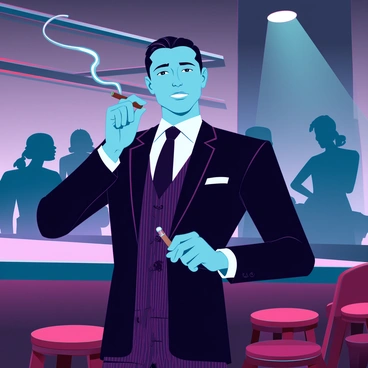 A classic 1920s mobster with slicked-back hair and a confident expression is wearing a sharply tailored pinstripe suit. He is holding a cigar between his fingers, the smoke curling up into the air. The setting is a dimly lit speakeasy with vintage decor, including wooden bar stools and a polished wooden bar. Soft light filters through the haze, casting shadows on the walls, while a few silhouettes of other patrons can be seen in the background, creating an atmosphere of intrigue and secrecy.