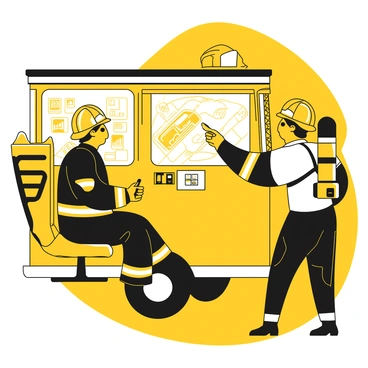 A firefighter sitting inside a fire truck, focused on a digital map displayed on a screen. The firefighter is wearing a yellow helmet and a black uniform with reflective strips. The interior of the fire truck is equipped with various modern gadgets, including a communication radio and a touchscreen panel. Outside the window, a street with buildings can be seen, hinting at an urban environment. The firefighter is pointing at the map while discussing a plan of action with a colleague.