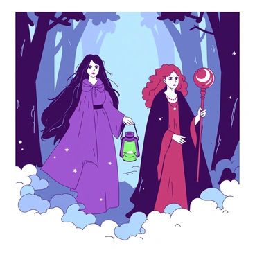 Two witches are emerging from a dense, foggy pathway in a forest. The first witch has long black hair flowing down her back, wearing a flowing purple robe adorned with silver stars. She is holding a green lantern that casts a soft light, illuminating the mist around her. The second witch has curly red hair and is dressed in a dark red cloak, with a silver necklace featuring a crescent moon. She is carrying a wooden staff topped with a glowing orb. The trees surrounding them are tall and shadowy, their trunks thick and gnarled, creating an enchanting yet mysterious atmosphere. The fog swirls around their feet, adding a sense of intrigue to the scene.