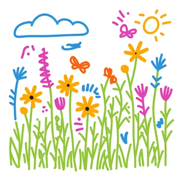 A vast meadow filled with various wildflowers swaying gently in the breeze, with numerous butterflies fluttering among the blooms, all depicted with intricate ink pen lines.