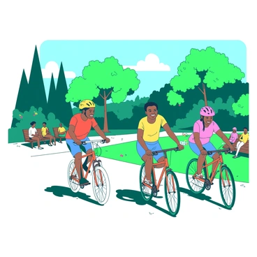 A teal group of diverse individuals is biking joyfully through a vibrant park filled with green trees and colorful flowers. Each person has a distinct style: one is wearing a bright yellow helmet and a red shirt, while another has a pink helmet and blue shorts. They are riding bicycles of various colors, including orange and white designs. In the background, people can be seen sitting on benches and enjoying the sunny weather, enhancing the lively atmosphere of the scene.