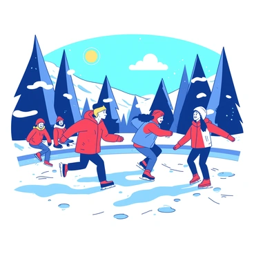 A group of teenagers is energetically playing a game of tag on an outdoor ice rink. The rink is surrounded by tall, snow-covered trees, and the sun is shining brightly in the sky. Some teenagers are wearing colorful winter jackets in various shades of red and blue, while others sport bright winter hats and gloves. Laughter and excitement fill the air as one teenager, with a red jacket, chases another, who is trying to escape with a wide smile. Nearby, a few teenagers are taking a break, sitting on the edge of the rink, while others glide gracefully across the ice, leaving behind intricate patterns. Snowflakes gently fall from the sky, adding to the winter atmosphere.