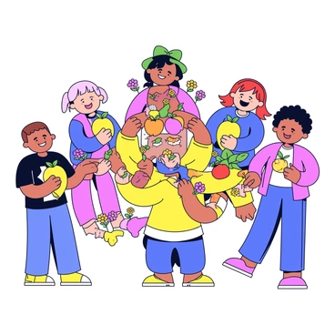 A group of cheerful children is gathered around a colorful "onathappan" figure. The children are joyfully placing vibrant fruits such as bananas, mangoes, and apples around the figure. They are also adding bright flowers, including marigolds and hibiscus, to enhance the decoration. Each child has a big smile on their face, and their clothing is adorned with playful patterns. The scene is filled with a sense of celebration and happiness as they work together to create a festive display.
