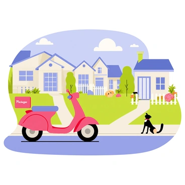 A bright red moped is parked on a quiet suburban street. The moped has a small delivery box attached to the back, labeled with "Packages." Several charming houses with white picket fences and colorful flower gardens surround the street. A blue sky with fluffy white clouds hangs overhead, creating a peaceful atmosphere. A pathway leads from one of the houses to the sidewalk, where a small dog is playfully sitting near the edge.