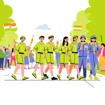 A group of young scouts and guides marching in formation on a street for a Republic Day celebration. The scouts wear vibrant green uniforms with neckerchiefs, while the guides are dressed in bright blue outfits. Each scout and guide holds a colorful flag representing their organizations. They are walking with enthusiasm, displaying big smiles. Spectators line the street, waving small flags and cheering. Trees and a clear blue sky can be seen in the background, enhancing the festive atmosphere of the event.