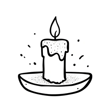 A half-burned candle with a melted wax body sits on a dusty wooden table. The candle's wick is charred and the surrounding wax is uneven and dripped down the sides. Dust particles are visible on the surface of the table, creating a muted texture. The light from the candle casts soft shadows around, creating a contrast with the surrounding dust. The scene conveys a sense of neglect and quiet solitude.