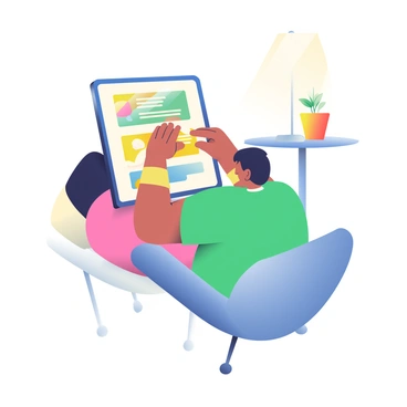 A person with medium skin and short black hair is sitting comfortably on a modern, minimalist chair while scrolling a giant tablet. The tablet is large and features a bright, colorful digital page that seems to stretch infinitely. The person's fingers are poised delicately over the screen, and their expression shows focus and curiosity. In the background, soft ambient lighting creates a cozy atmosphere, and there is a small potted plant on a nearby table, adding a touch of greenery to the scene.