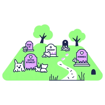 A pet cemetery is depicted with a neat arrangement of small headstones scattered across the grassy area. Each headstone is uniquely shaped, with engraved names and symbols representing beloved animals. Some headstones are adorned with small figurines of dogs and cats, while others feature flowers and decorative stones around their bases. In the background, there are a few trees providing shade, and a small path lined with pebbles leads through the cemetery, inviting visitors to reflect on their cherished pets.