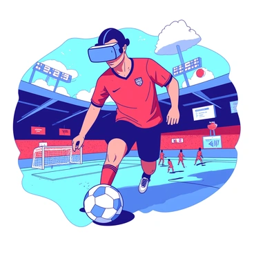 Cristiano Ronaldo, wearing a blue and white virtual reality headset, is intensely focused as he plays a soccer game. He is dressed in a vibrant red soccer jersey with black shorts, surrounded by a futuristic, immersive environment that simulates a vibrant soccer stadium. Digital goalposts and floating scoreboards are visible in the background, while animated virtual players move around the field. Ronaldo's expression shows determination as he interacts with the virtual soccer ball in front of him, preparing to take a shot.