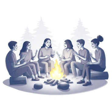 A group of six people seated in a circle around a campfire. The flames flicker and cast shadows on their faces, creating a warm glow. Each person is engaged in storytelling, with expressions of laughter and intrigue. The individuals are of diverse appearances, including different hairstyles and clothing styles. Some are leaning forward, animatedly recounting their tales, while others are listening attentively, with smiles and gestures of encouragement. Surrounding the campfire, there are logs and stones that serve as seating. In the background, there are silhouettes of trees, framing the scene.