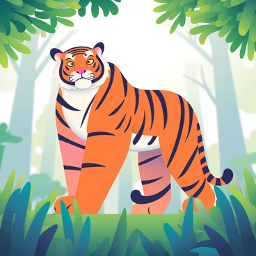 A majestic tiger with orange and black stripes is standing tall in a lush green jungle. Its piercing amber eyes are focused intently on the viewer, showcasing its strength and grace. The tiger's powerful body is highlighted by the dappled sunlight filtering through the dense foliage overhead. Surrounding the tiger are vibrant green leaves and tall grass, swaying gently in the breeze. In the background, blurred silhouettes of other trees create depth, emphasizing the tiger's presence in its natural habitat.
