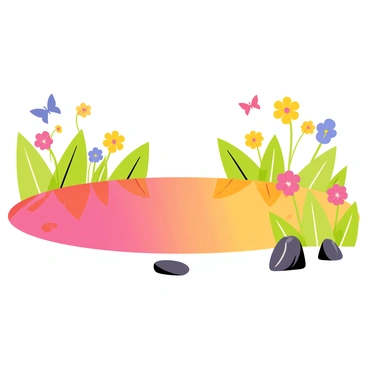 A pond with smooth, glassy water reflecting a myriad of colors. The surface of the water shows bright pink, yellow, and purple hues, mirroring the vibrant primroses blooming around its edges. Lush green leaves frame the pond, creating a natural border. Several butterflies flutter above the flowers, adding movement to the scene. A few smooth stones are scattered around the pond's edge, partially submerged in the water.
