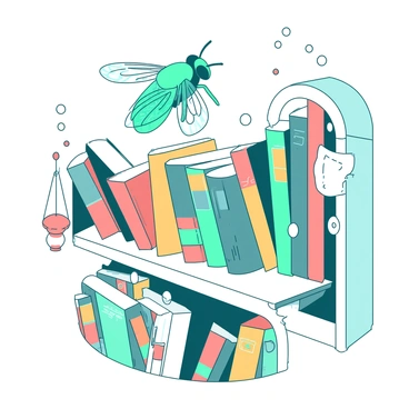 A teal fly is hovering in the air, examining rows of tiny books on a white bookshelf. The shelf is filled with books of various colors, each with intricate designs on their spines. The whimsical library features softly curved wooden shelves, and there are playful decorations, such as small hanging lanterns and colorful bookmarks scattered among the books. The fly is depicted with delicate wings, capturing the detail of its movement as it flits between the rows, showcasing its curiosity in this enchanting environment.