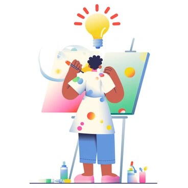 An artist with medium skin and curly hair is standing in front of an easel, holding a paintbrush poised mid-stroke. The artist is wearing a white smock splattered with various colors of paint. Above their head, a large, glowing lightbulb illuminates with a brilliant burst of colors including vibrant reds, blues, and yellows, radiating outwards. Surrounding the artist are an array of paint tubes and brushes, with some laid scattered on the floor. The background features a partially completed canvas, showcasing a swirl of colors that reflects the artist's newfound inspiration.